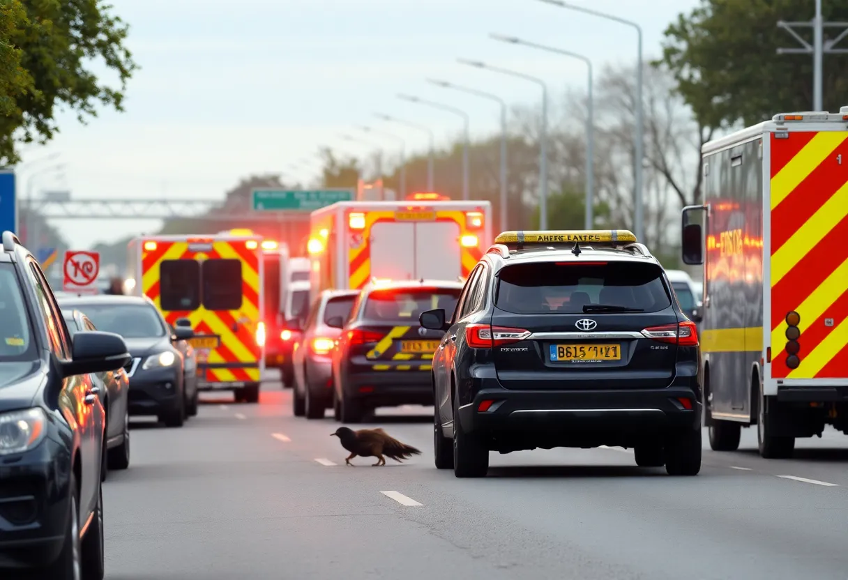 Emergency responders at the site of a tragic accident on Huebner Road.