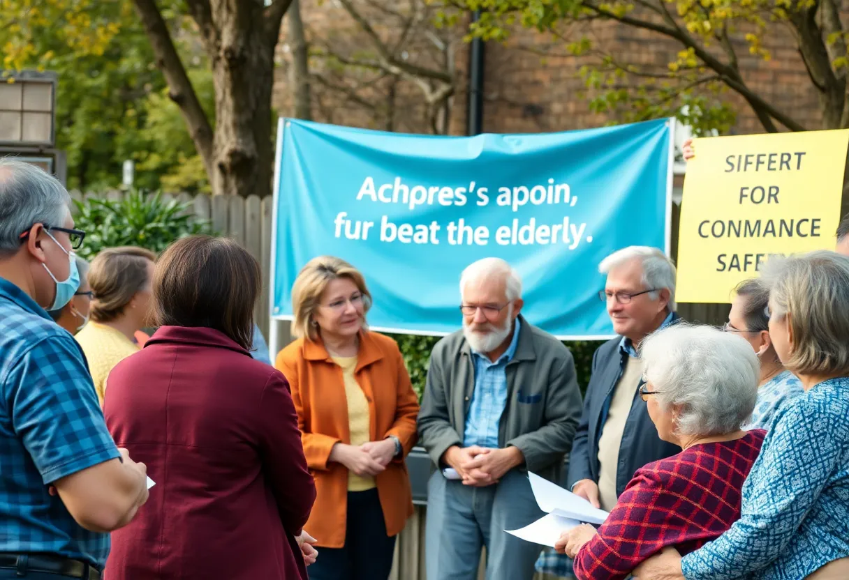 Community members holding signs for elderly safety