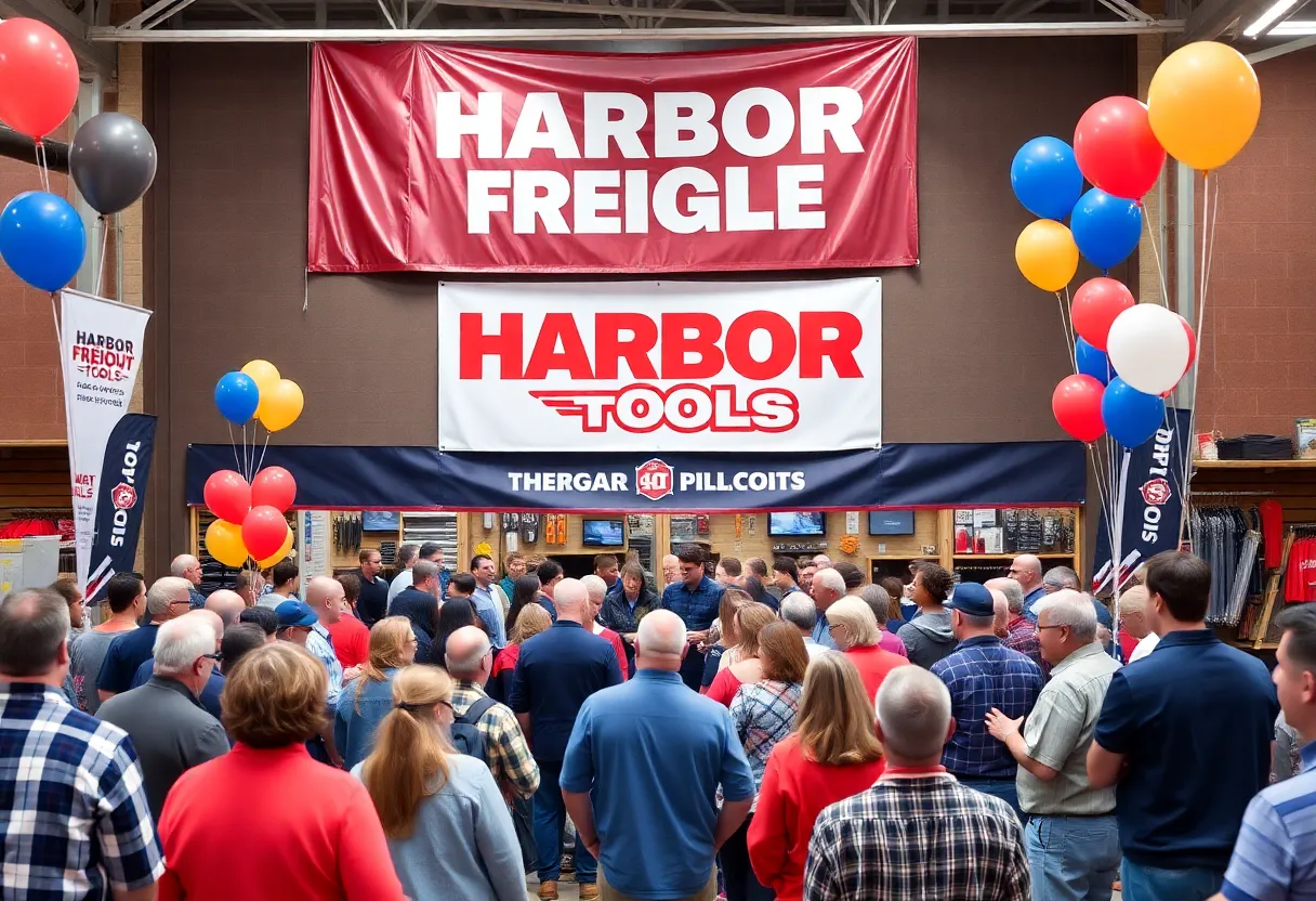 Harbor Freight Tools store with excited community members during the grand opening.