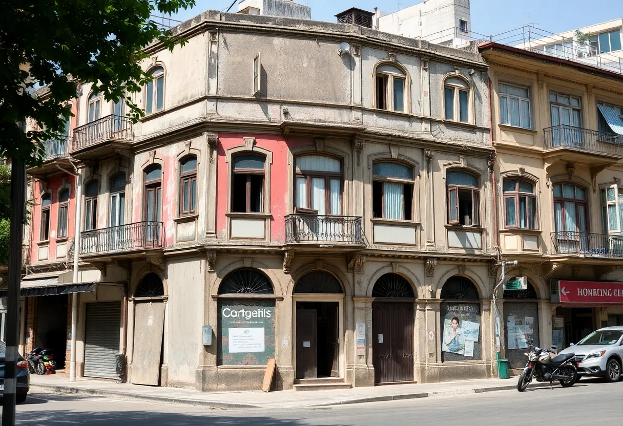 The historic Hedrick Building in San Antonio with a view of the city skyline.