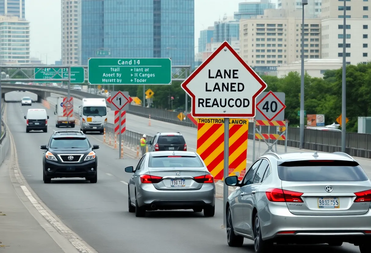 Construction workers on I-35 illustrating lane reductions