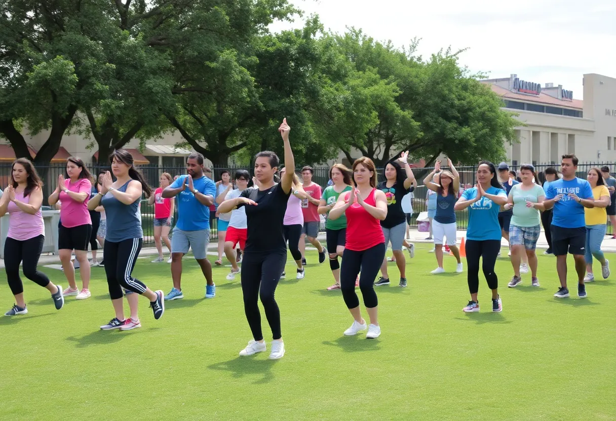 Participants engaging in a free fitness class in San Antonio