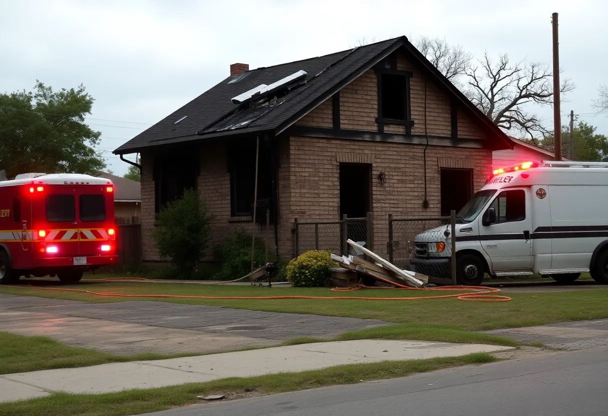Burned house and emergency vehicles at the scene of a fire in South San Antonio