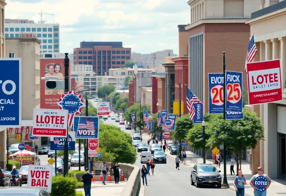 San Antonio cityscape during election season with campaign elements