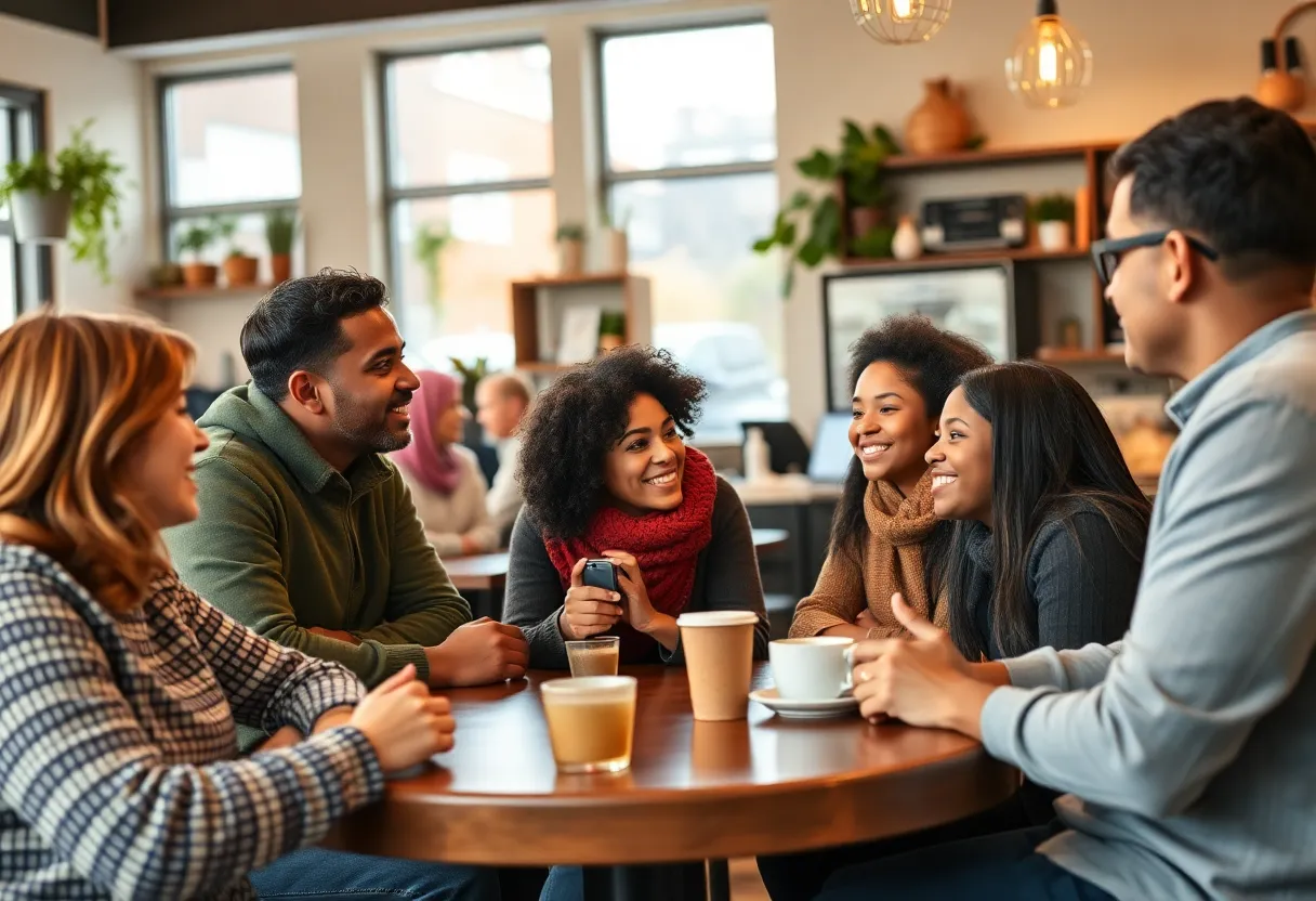 Individuals engaging in conversation at a community Meet and Greet.