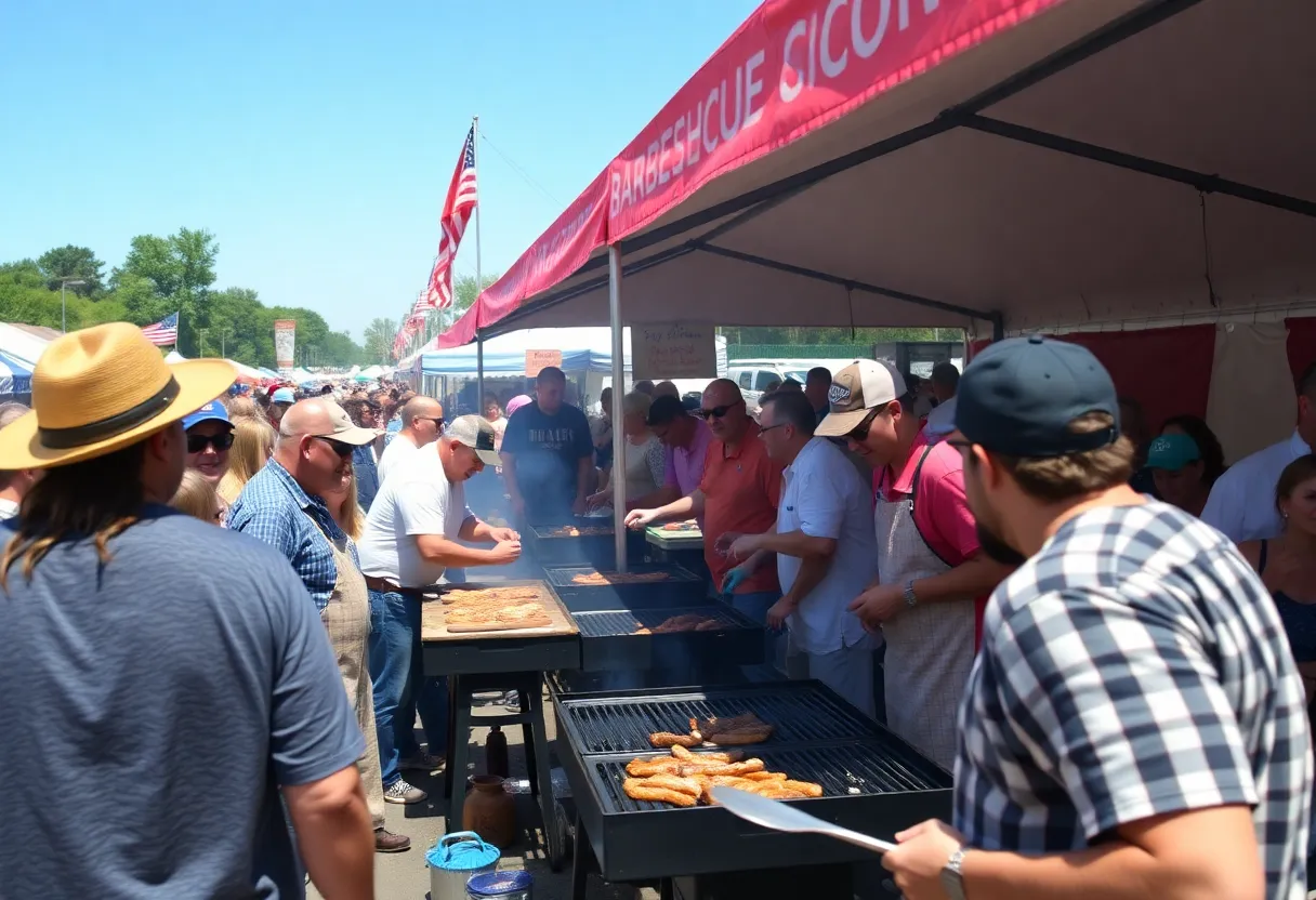 Crowd enjoying barbecue cookoff with grilling teams in San Antonio