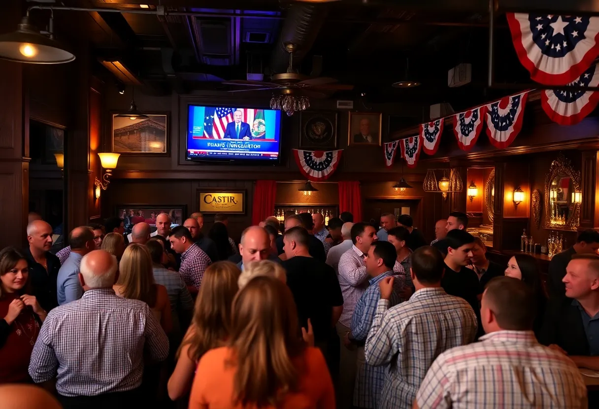 Crowd at a bar in San Antonio watching the Trump inauguration on TV.