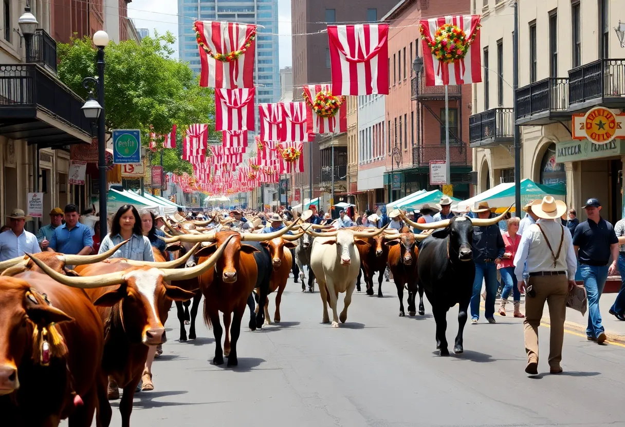 A lively scene of the Western Heritage Festival in San Antonio with cattle and festival-goers.