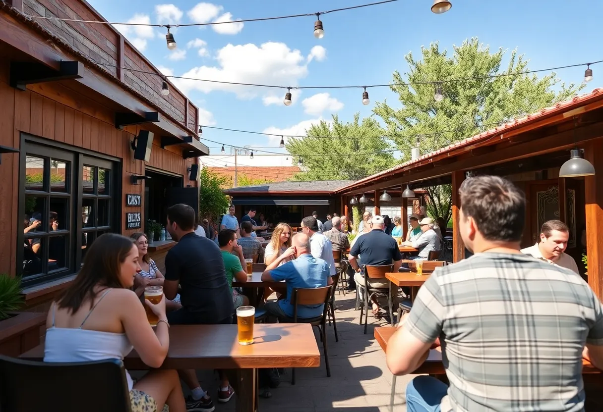 Outdoor patio of Stout House beer bar in Austin with people enjoying drinks.