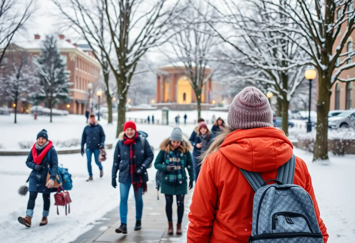 Snow-covered UTSA campus with students bundled up