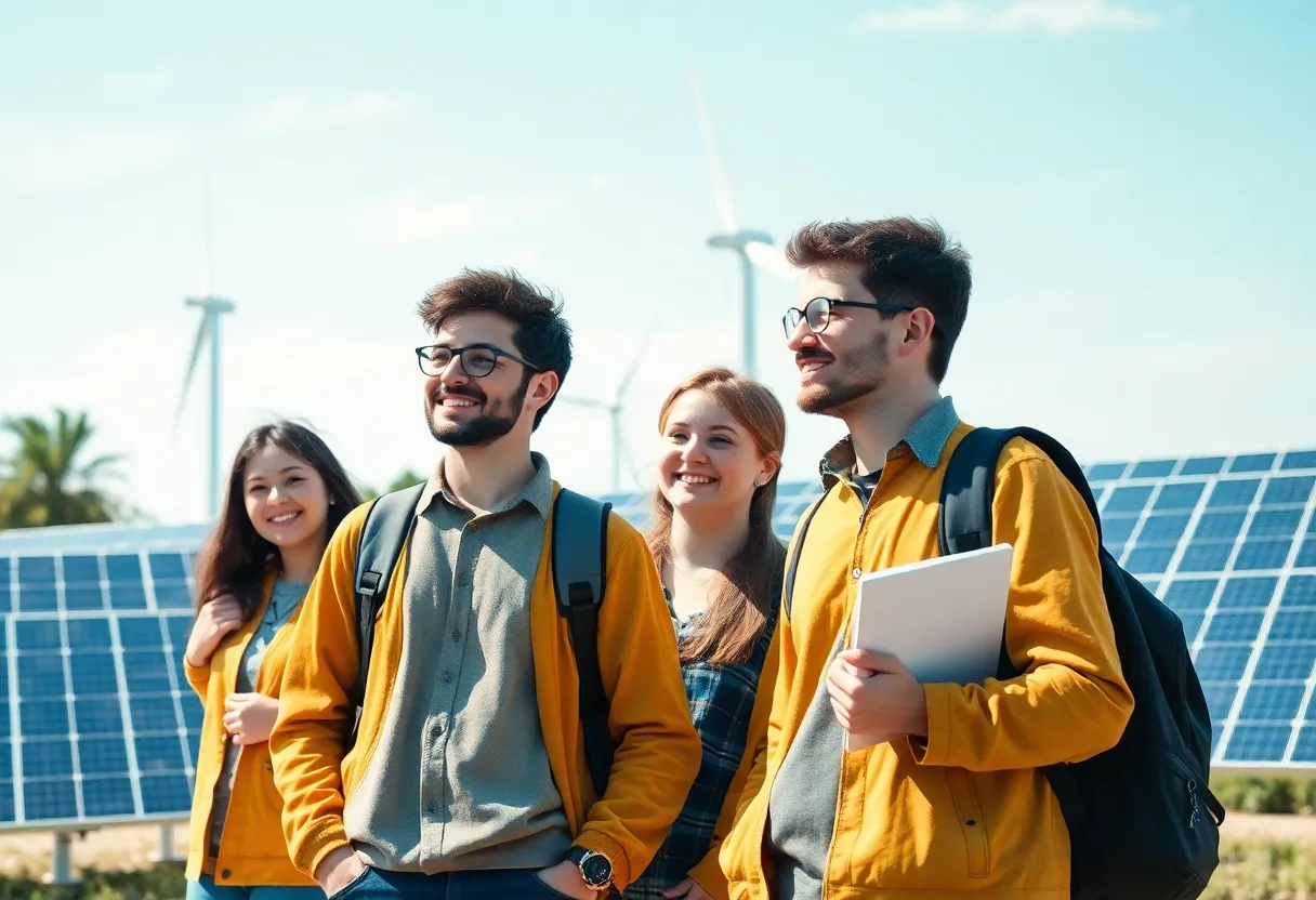 Students at UTSA studying renewable energy with solar panels and wind turbines