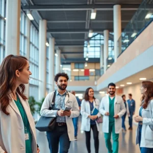 Illustration of a collaborative university campus merging education and healthcare