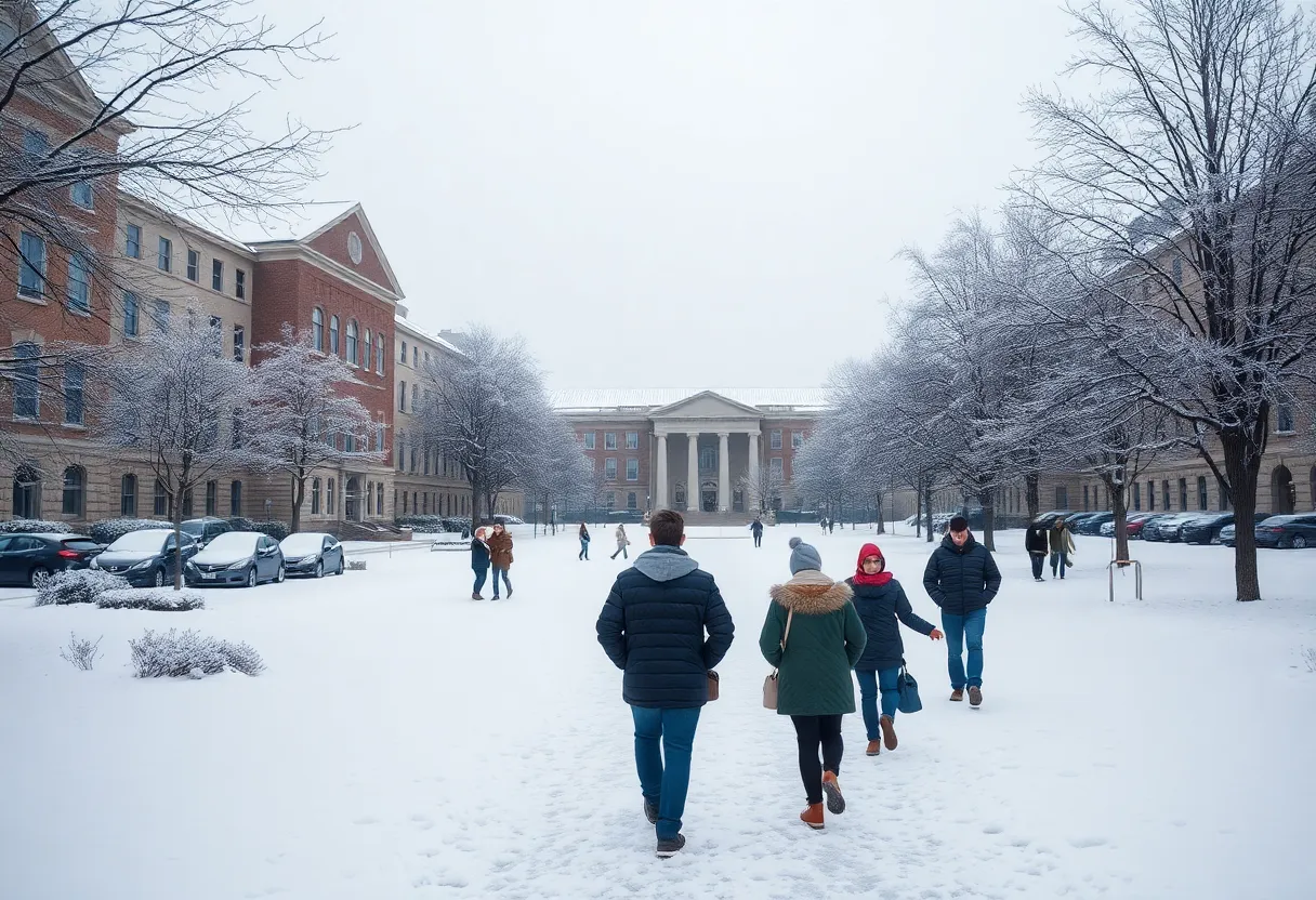 Snow-covered campus at the University of Texas at San Antonio