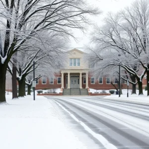 Icy roads and a weather warning sign near a school in San Antonio