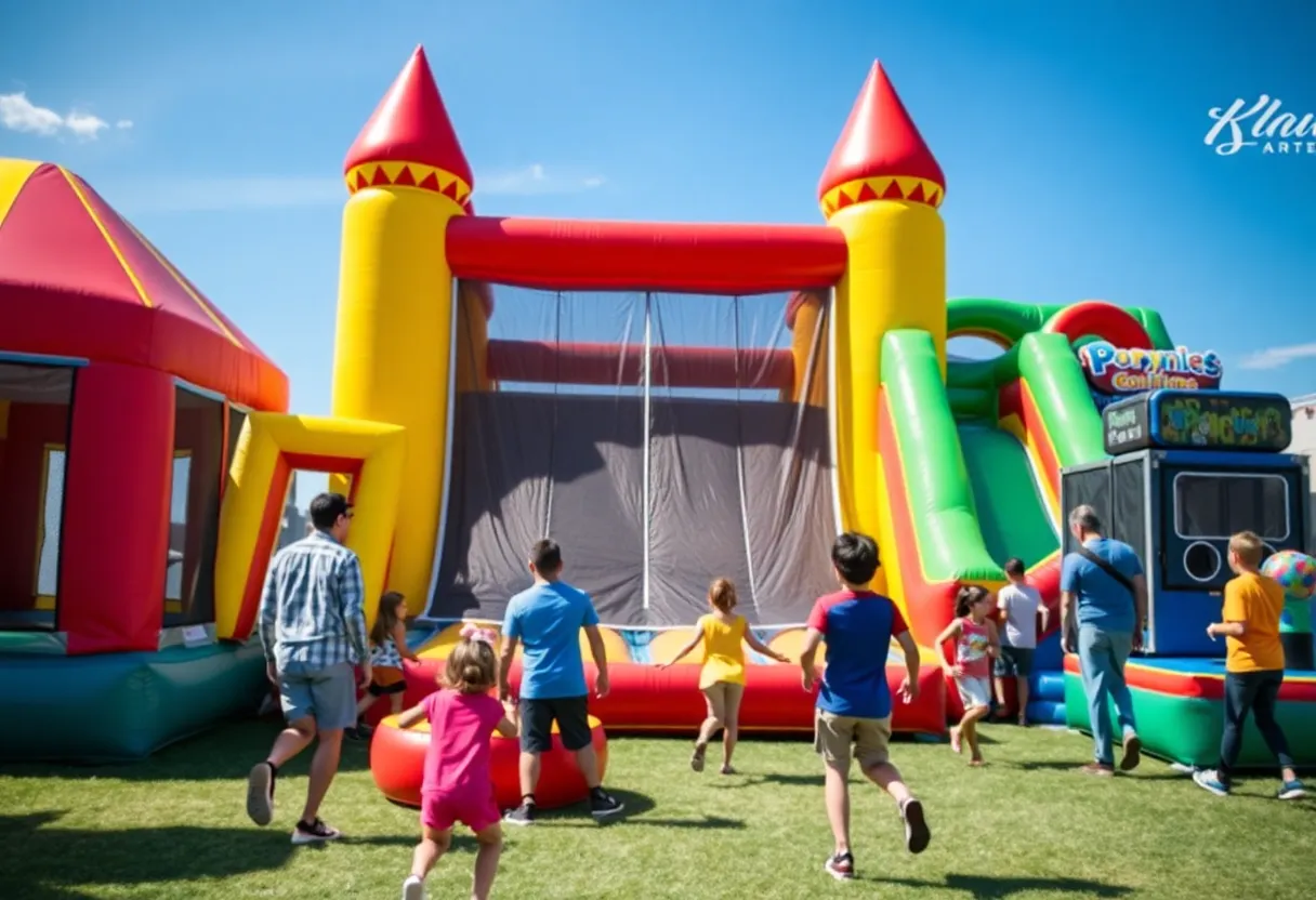 Families jumping in the world's largest inflatable bounce house at Big Bounce America in San Antonio.