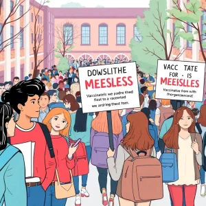 Students on a university campus with health awareness signs about measles vaccinations
