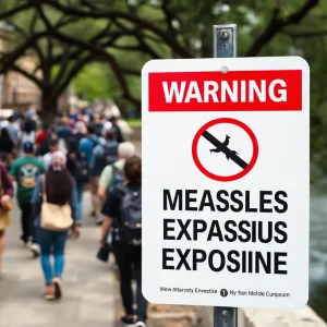Warning sign about measles exposure with university campus and river walk in view