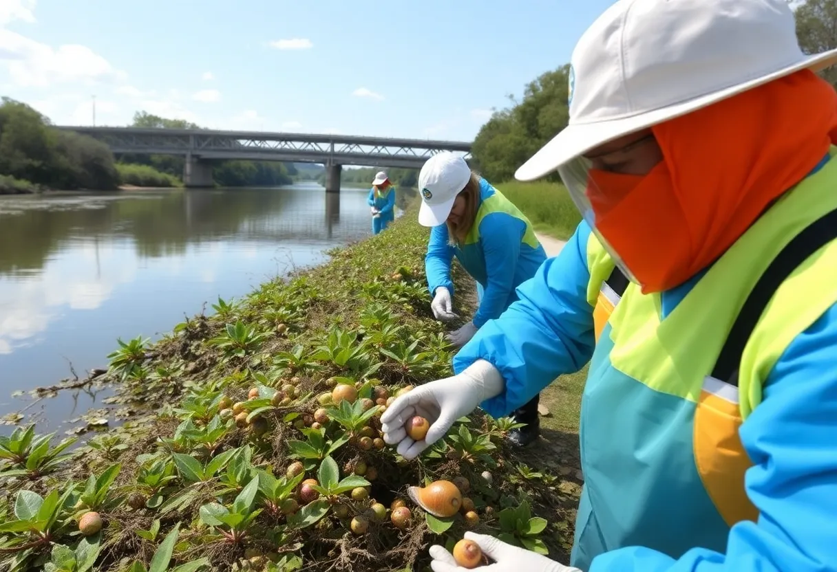 Volunteers removing invasive apple snails from the San Antonio river