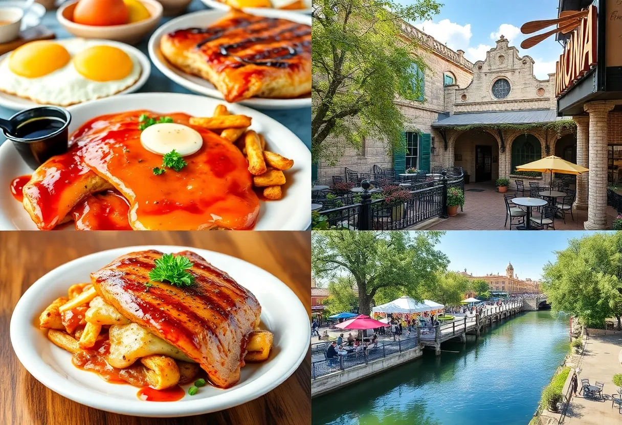 A variety of appetizing dishes from San Antonio's culinary scene, including BBQ and gourmet pizzas.
