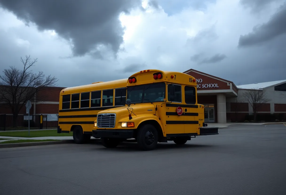 San Antonio school bus in front of a school under cloudy skies