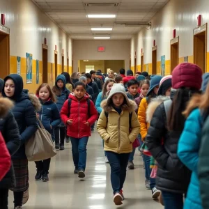 Students wearing winter jackets in a school corridor during winter.