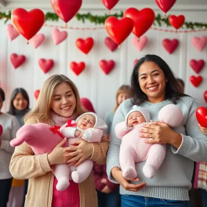 Couple celebrating Valentine's Day with baby items and decorations