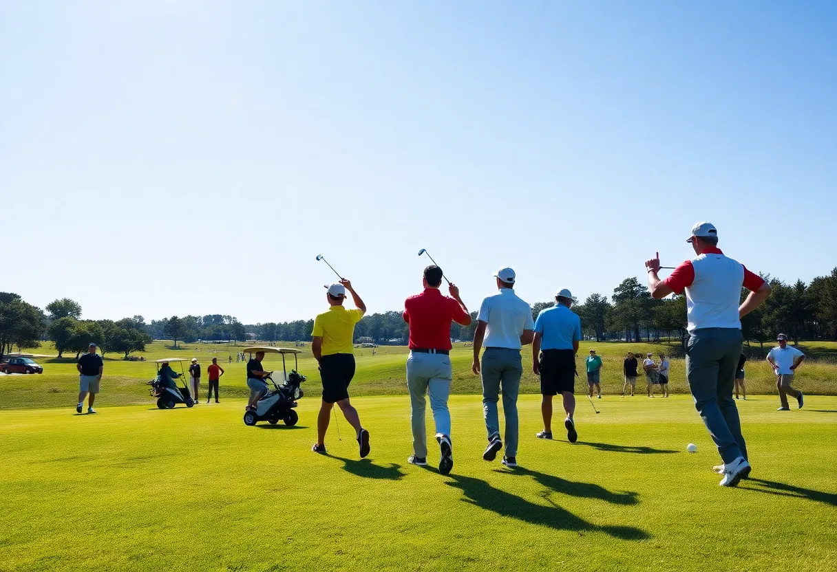 Golf players in action on a sunny course during the West Texas A&M men's golf tournament.