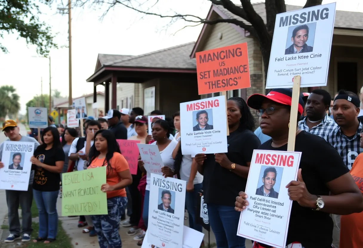 Community members holding signs in support of a missing person search in San Antonio.