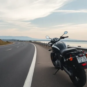 Parked motorcycle beside a calm lake and highway