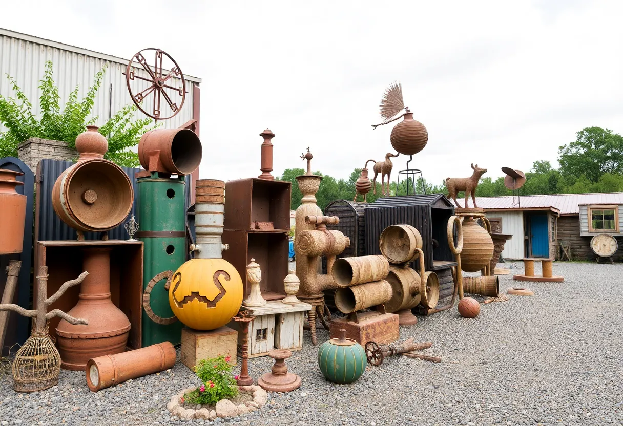 An eclectic junk art structure in San Antonio made of reclaimed industrial materials