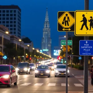 A busy San Antonio street highlighting traffic and pedestrian crossings.