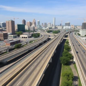 A view of San Antonio with transportation infrastructure and ongoing urban development.