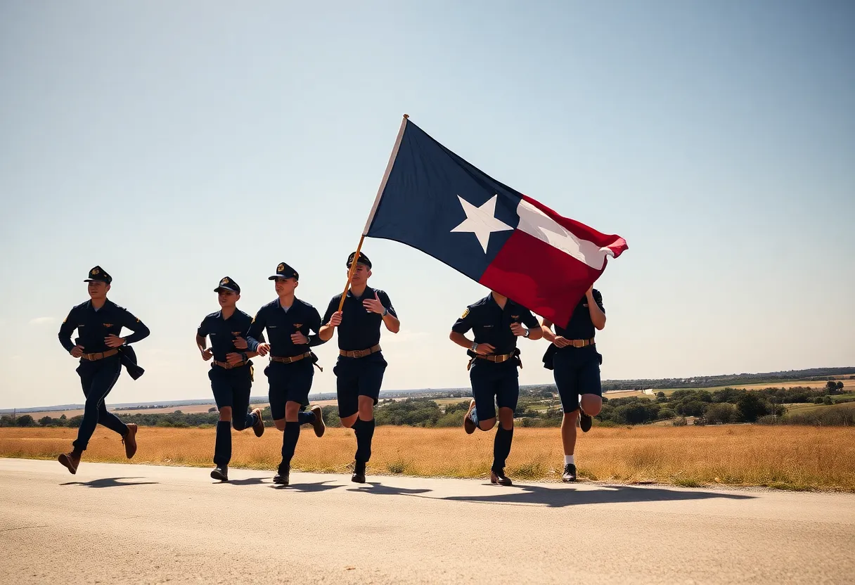 Cadets running with a flag in a Texas landscape