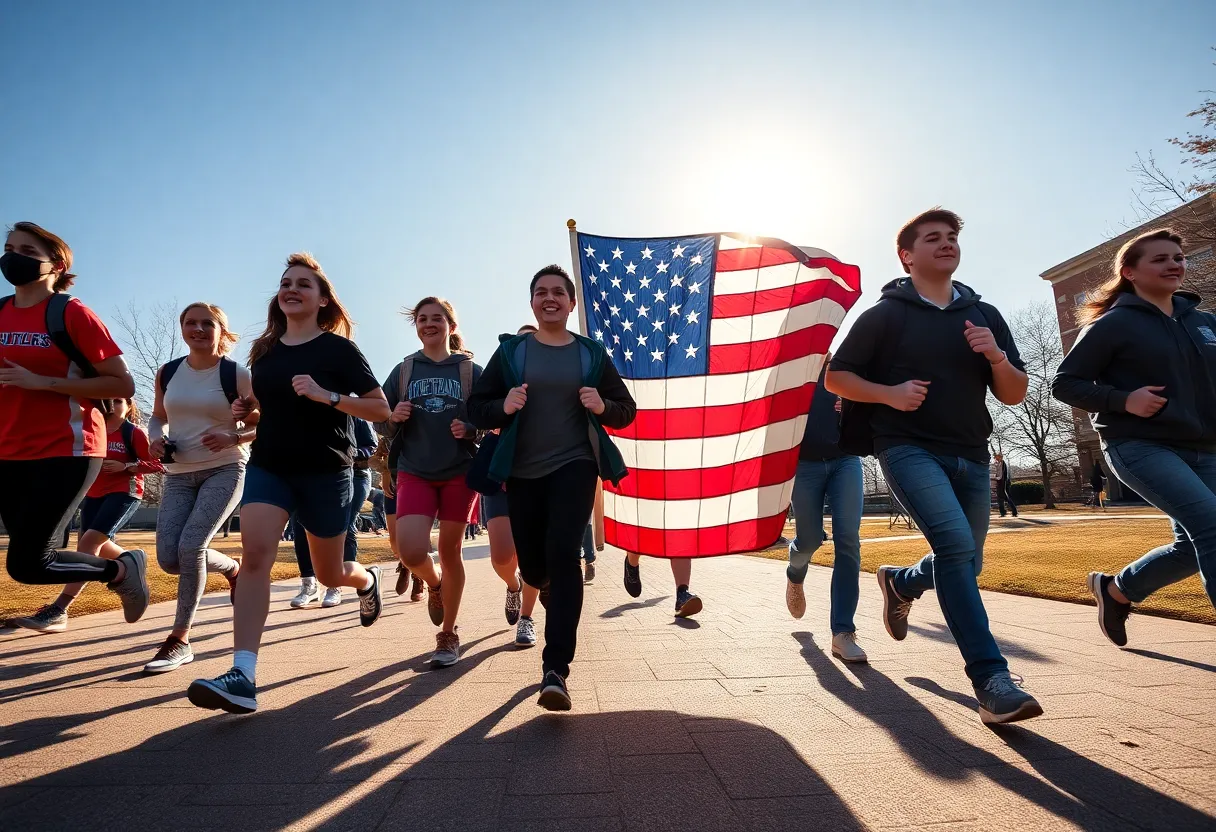 UTSA ROTC students running in a group with a POW/MIA flag
