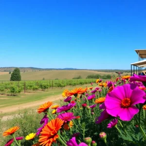 Wine tasting event in the Texas Hill Country surrounded by wildflowers.