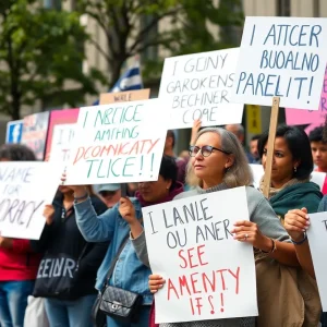 Protesters gathering in downtown San Antonio for the 50501 Movement demonstration.