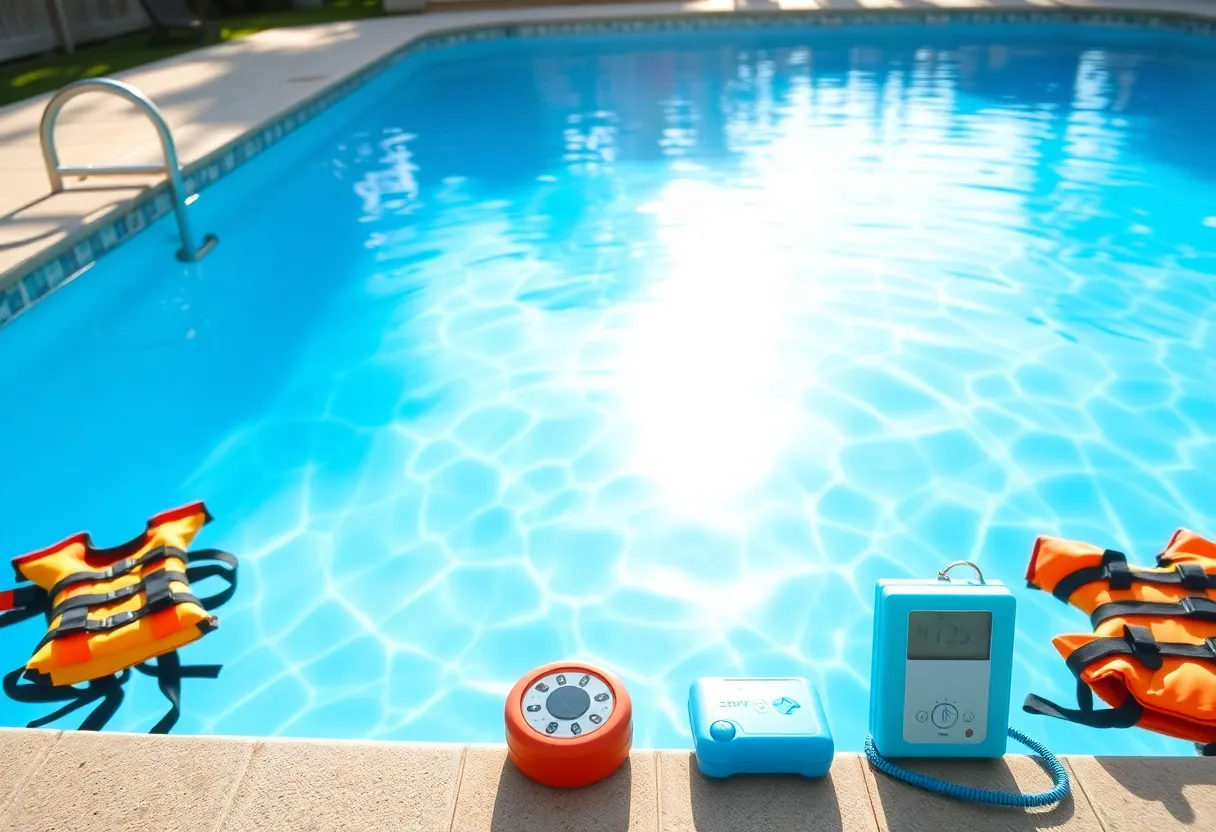 A peaceful backyard pool emphasizing safety measures for children