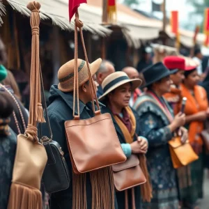 Community members celebrating at Bexar Goods farewell event with handmade leather products displayed.
