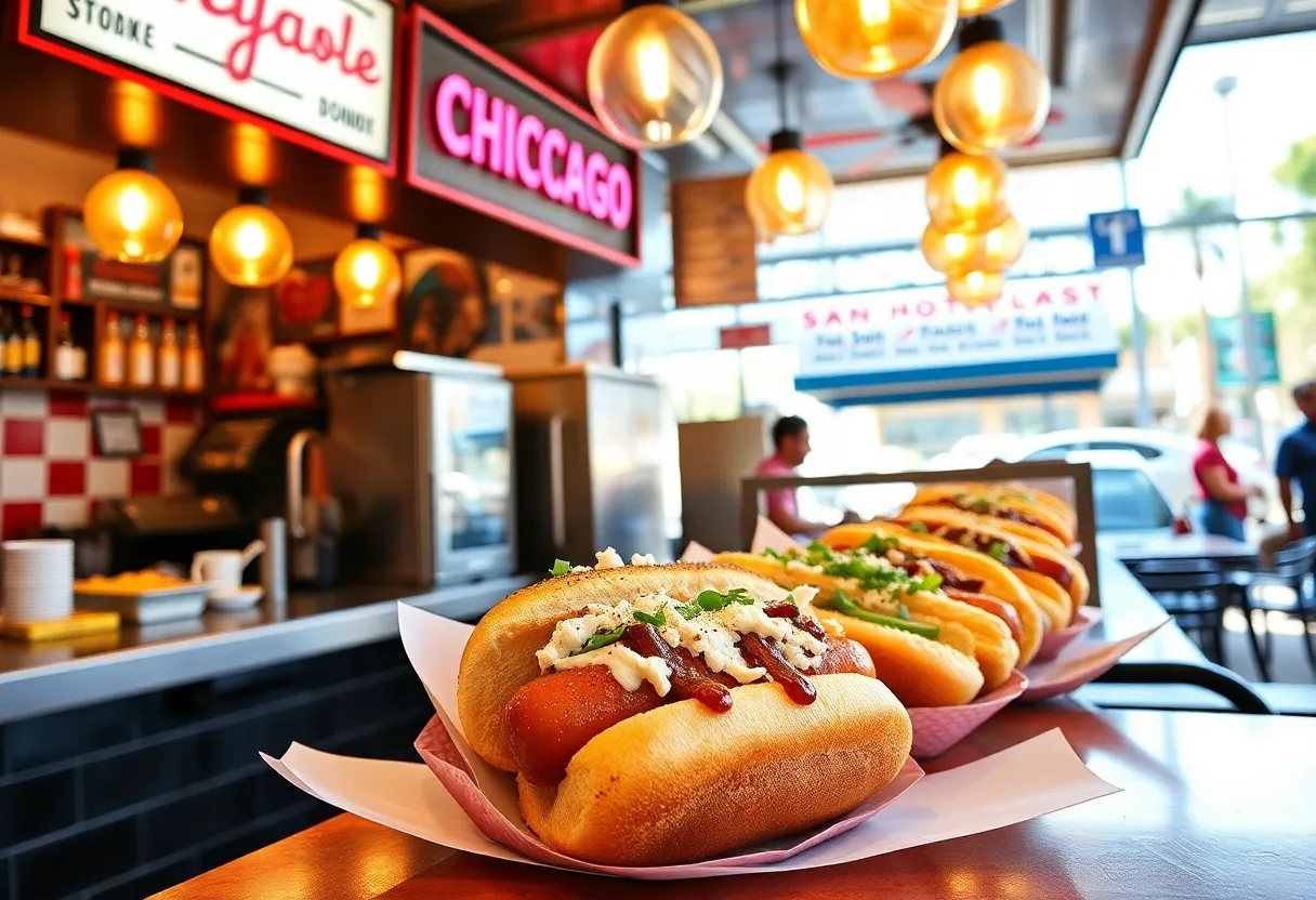 Delicious Chicago-style hot dogs served at Chicago Hot Dogs restaurant in San Antonio