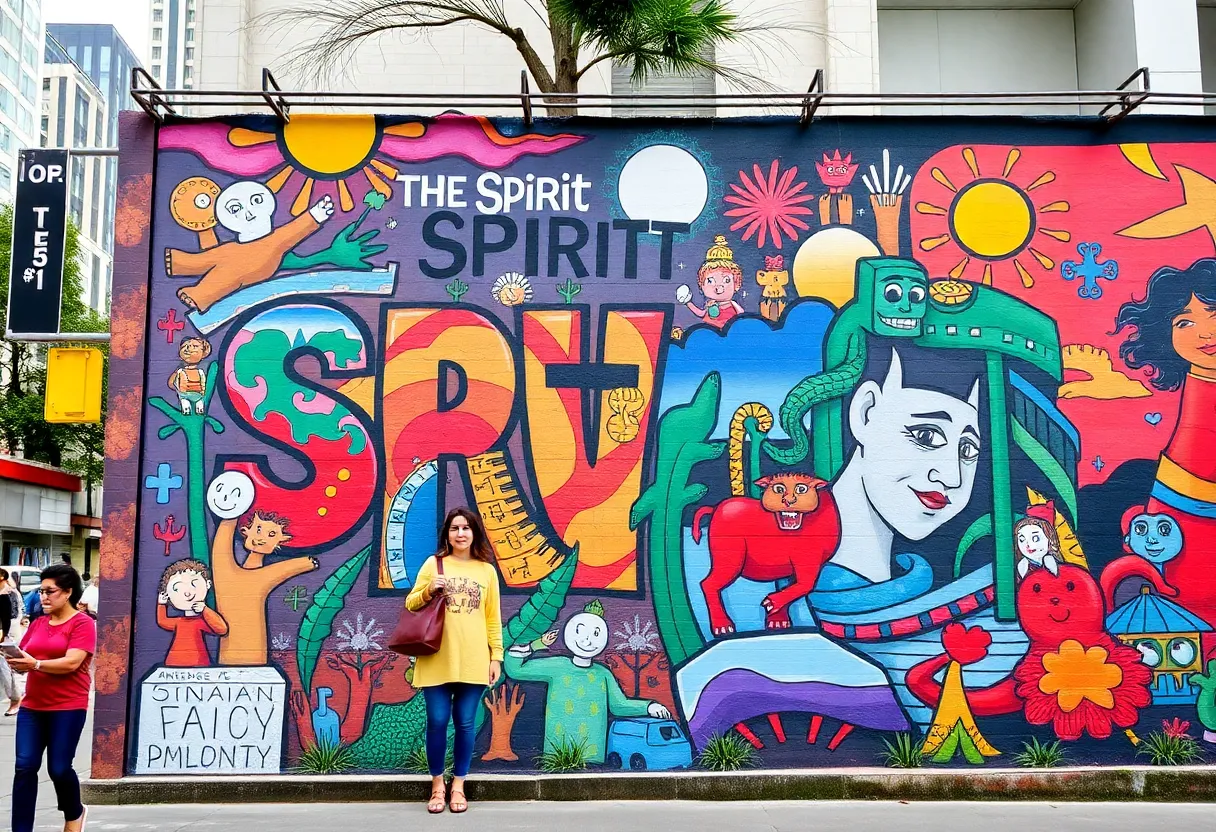 Mural representing the community art spirit, inspired by Joe Villarreal