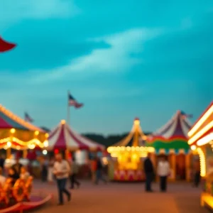 A colorful county fair with rides and games, representing tax issues.