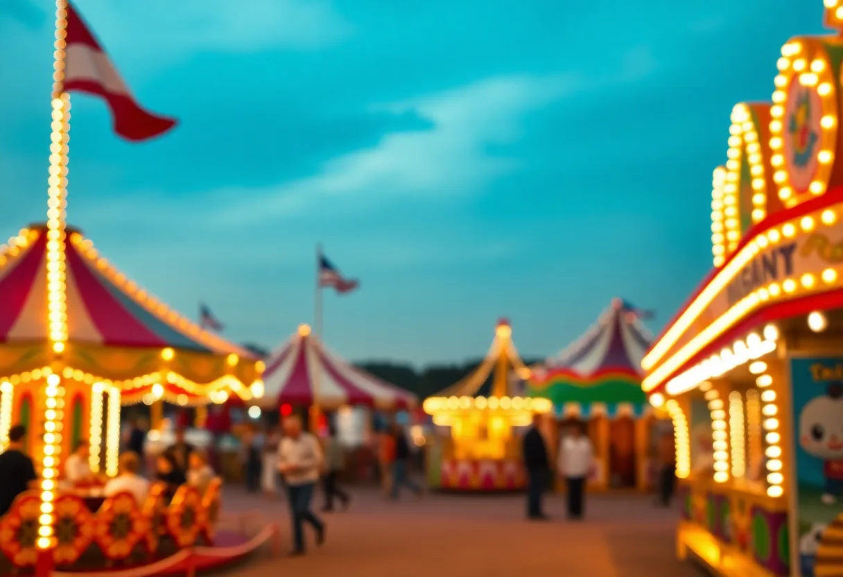 A colorful county fair with rides and games, representing tax issues.