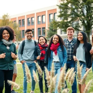A group of diverse students on a university campus