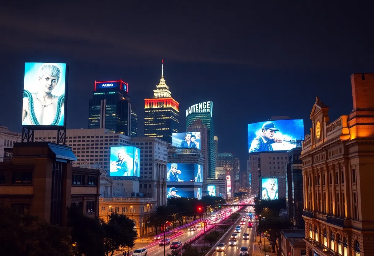 Digital billboards in downtown San Antonio highlighting the city’s skyline