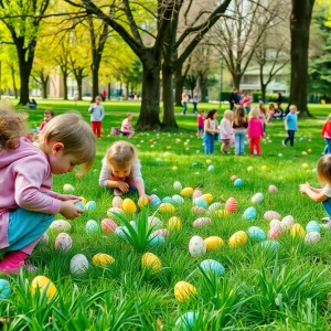 Children participating in an Easter egg hunt at Woodlake Park, San Antonio.