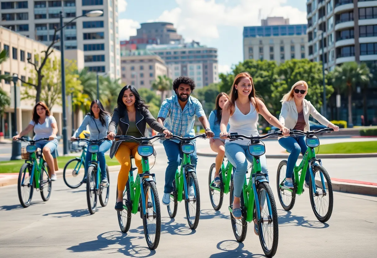 Group of people riding e-bikes in San Antonio