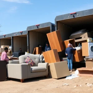 Residents participating in San Antonio's Free Landfill Day by unloading large items at a landfill.