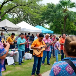 Attendees at the Guayabera Fest wearing colorful guayabera shirts in Travis Park