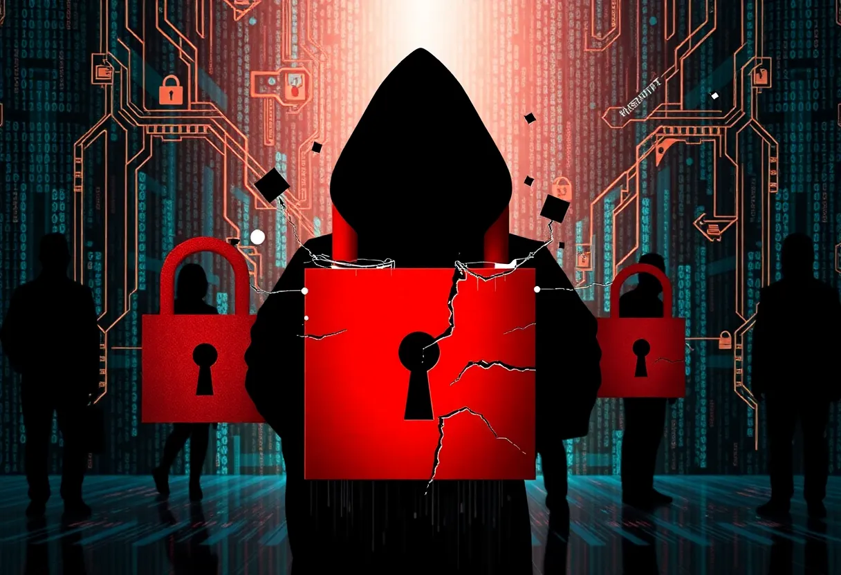 Illustration representing identity theft with broken locks and digital data.