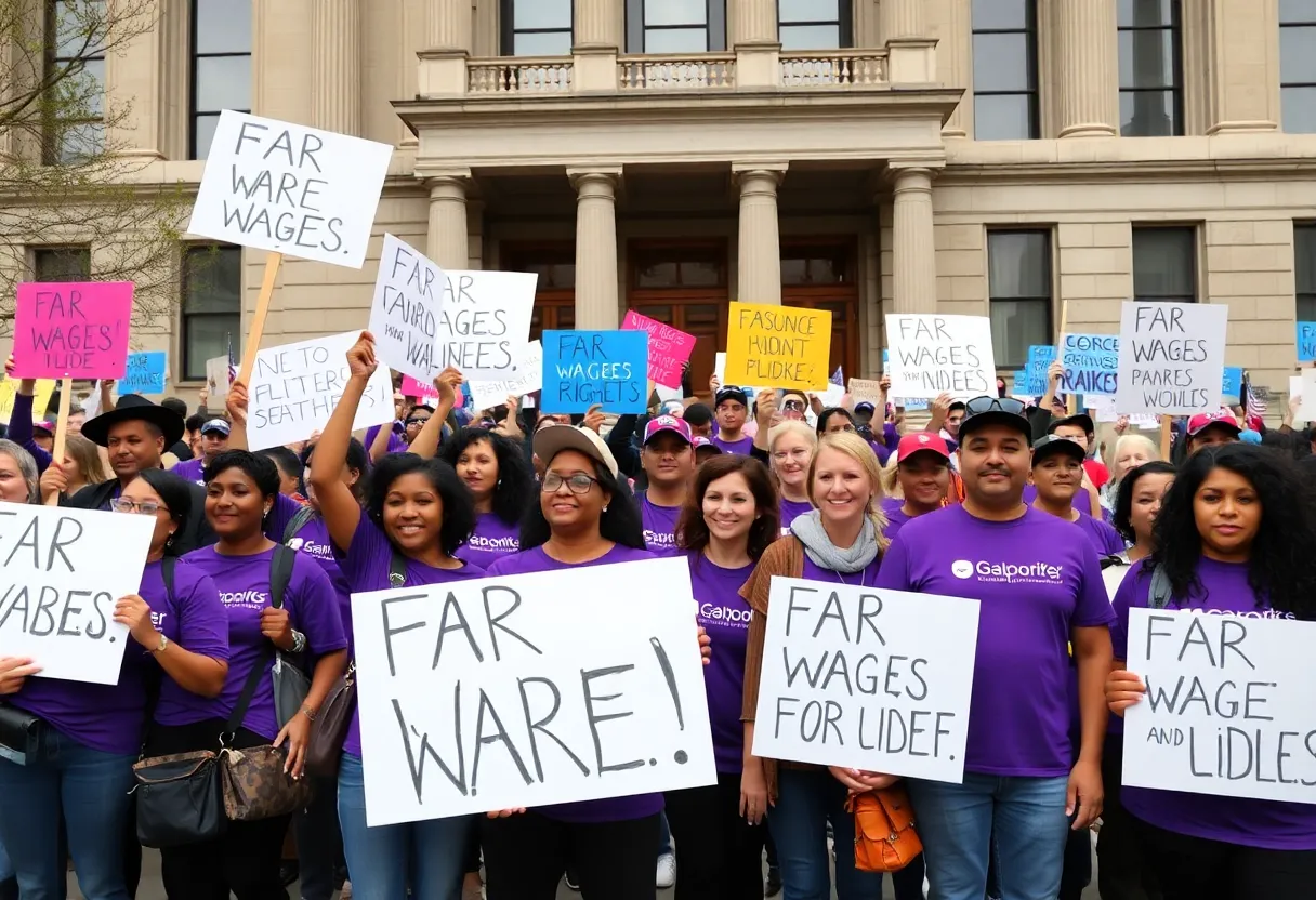 Rally of L.A. County workers in purple shirts demanding fair wages.